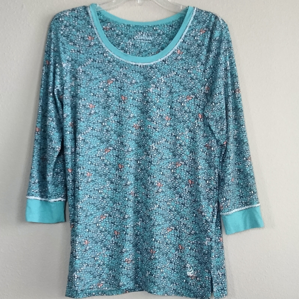 Cuddle Duds Size Small Floral Blue Long Sleeve Top With Bunnies And Squirrels